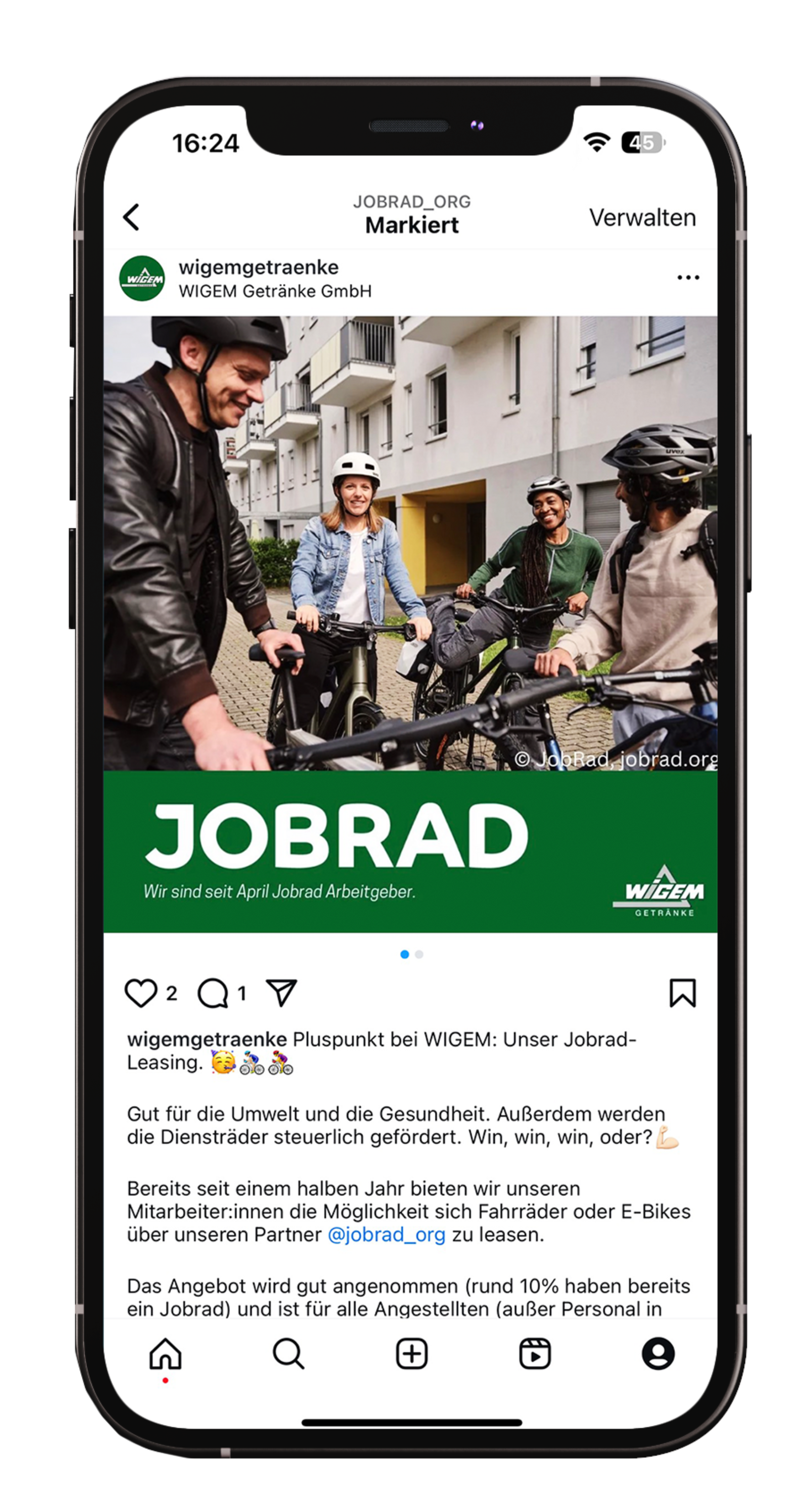 JobRad Postbeispiel Instagram Wigem Getränke